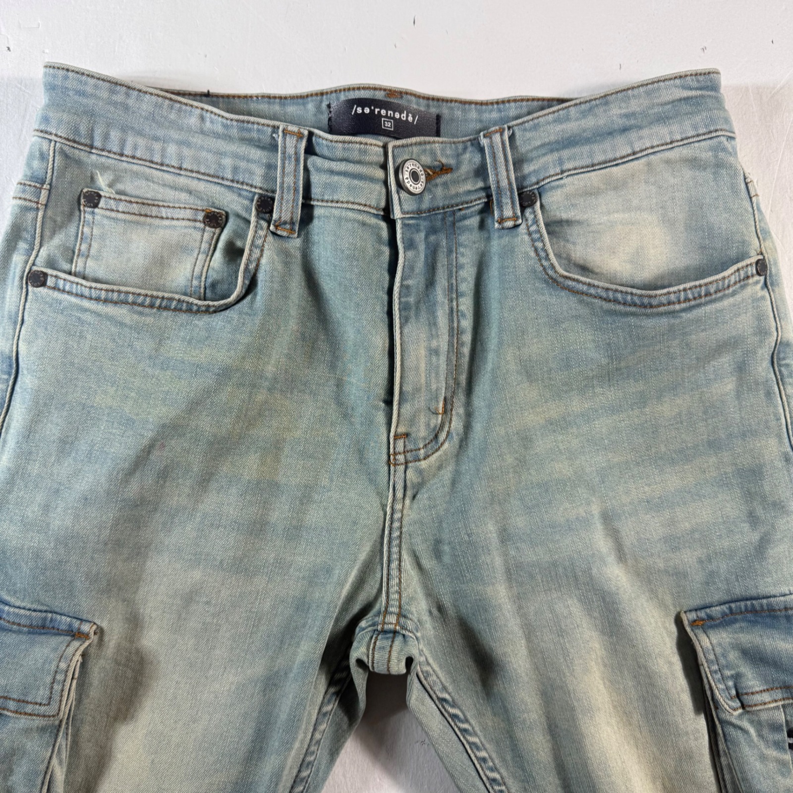 Serenede Cargo Jeans Mens 32x31 Light Blue Bungee Cord Utility Slim Fit Denim